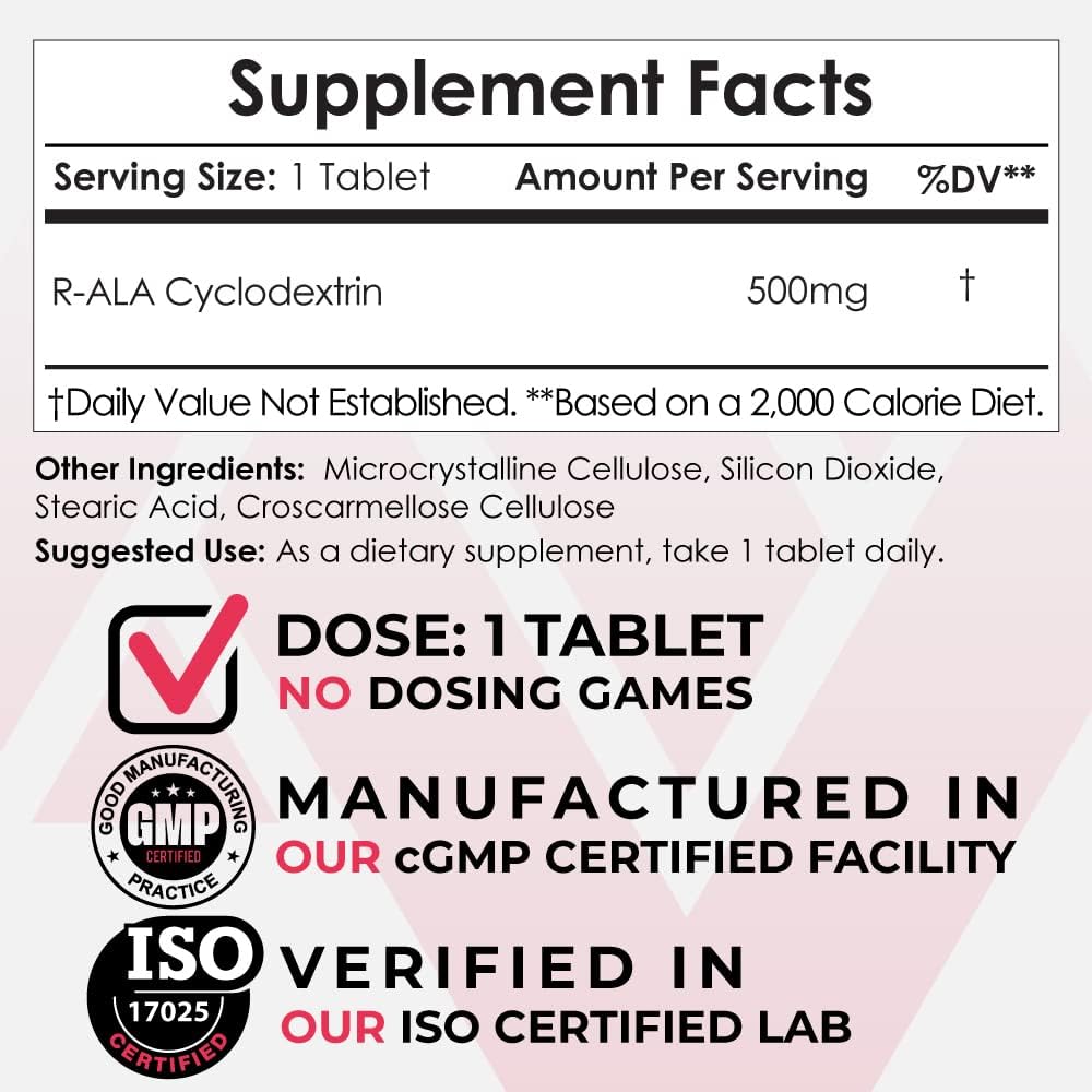 Nootropics Depot R-ALA Cyclodextrin Complex Tablets | 500mg | Optimized R-Alpha Lipoic Acid | 30 Count