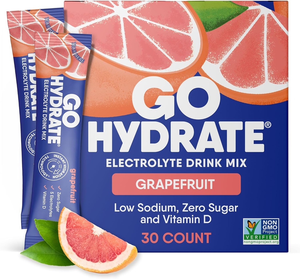 GoHydrate Low Sodium Electrolytes Powder Packets Sugar Free - Instant Hydration Daily Drink Mix - Zero Sugar Water Flavor Packet Singles with Vitamin D - (Grapefruit, 30 Packs)