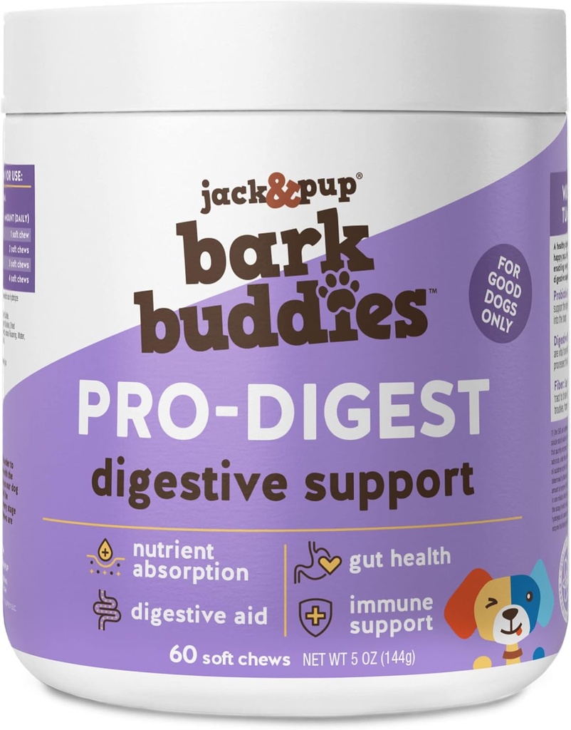 Jack&Pup Probiotic Chews for Dogs - Dog Probiotic Chews Small and Medium - Pro-Digest Bark Buddies (μέχρι 40 lbs) Puppy Probiotic Dog Chews, Pet Probiotics for Dogs - Probiotics for Puppies (60ct)