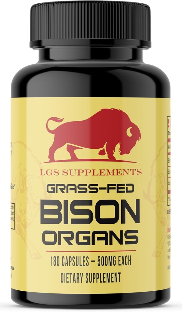 Γρασίδι Fed Bison Organ συμπλήρωμα, υποστηρίζει όλη την ευεξία του σώματος με ιδιοκτησιακό μείγμα του ήπατος, της καρδιάς, του νεφρού, παγωμένη Bison, μη GMO, 180 κάψουλες