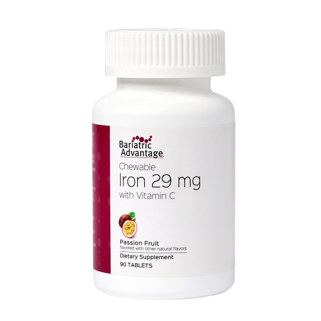 Bariatric Advantage Chewable Iron 29 mg - Bariatrik Cerrahi Hastaları için - Demir C Vitamini - Demir Tadı - Ferrous Fumarate & Carbonyl Iron Supplement - Tutku Meyvesi - 90 Count