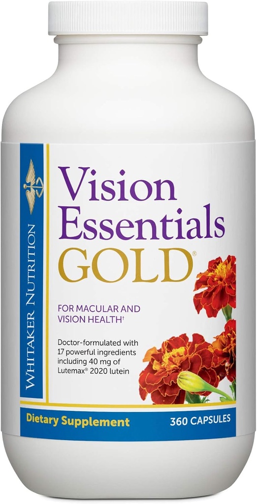 Whitaker Vision Essentials Gold - Eye Health Supplement with 40 mg Lutein Plus Vitamin A & Zeaxanthin - Υποστηρίζει Macular Health and Shields Eyes Against Blue Light Exposure (360 Κάψουλες)