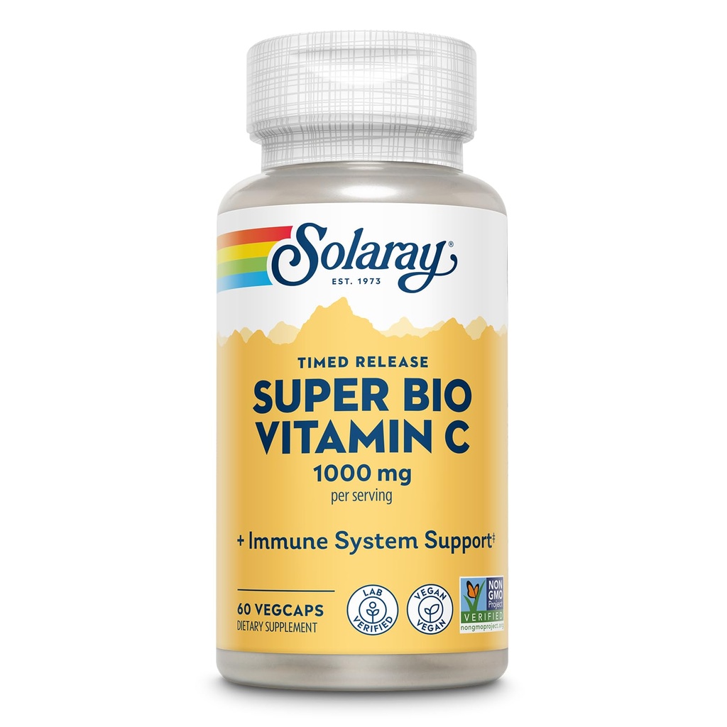 SOLARAY Super Bio Bufered Vitamin C 1000mg, Two-Stage, Timed Release Βιταμίνη C με Bioflavonoids, συμπλήρωμα ανοσοποίησης - Υψηλή απορρόφηση, Vegan, 60 Ημέρα Εγγύηση, 30 Σερβιέτες, 60 VegCaps