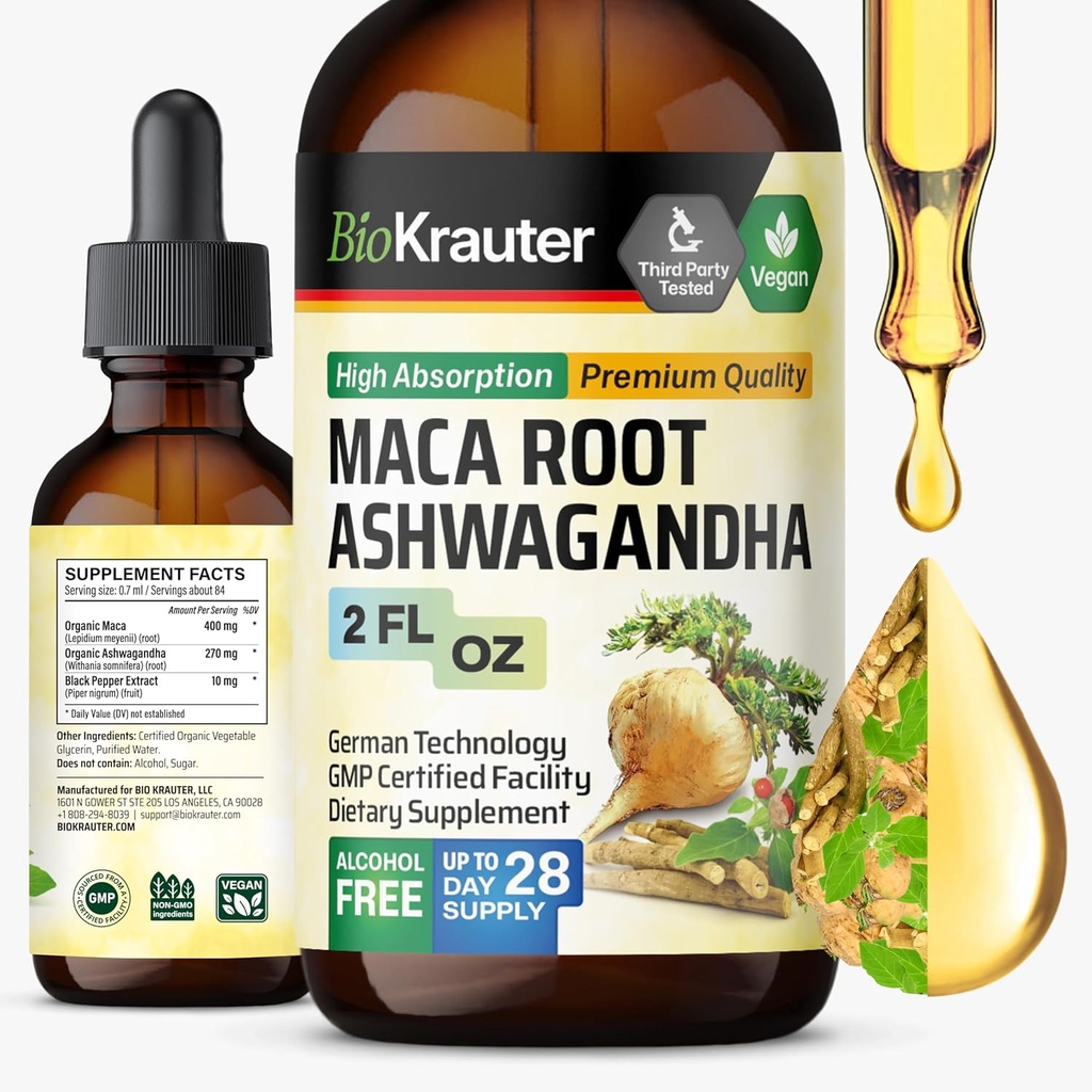 BIO KRAUTER Maca Root and Ashwagandha Tincture - Maca & Ashwagandha Συμπληρώματα για άνδρες & γυναίκες - Συμπλήρωμα υγρού για υποστήριξη Mood - Αλκοόλ και ζάχαρη δωρεάν - Vegan Drops 2 Fl.Oz.