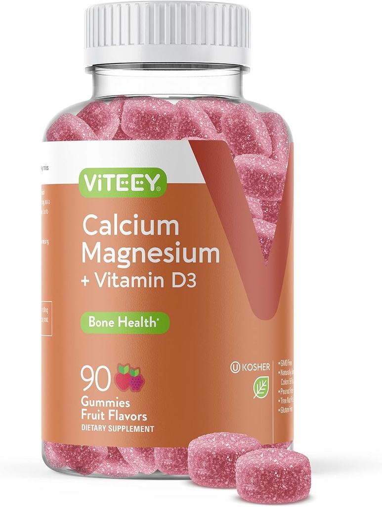 Viteey Gummies ασβεστίου με βιταμίνη D3 και συμπλήρωμα μαγνησίου για την υγεία των οστών - Μασώμενα συμπληρώματα ασβεστίου για γυναίκες & άνδρες - Χωρίς γλουτένη, μη GMO - 90 Count