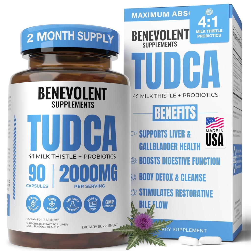 2000 mg TUDCA Bile Salts Supplement Kompleksi | Destekler Liver Detox & Cleanse, Gallbladder, Gut & Kidney Health | 4:1 Milk Butle + Probiyotikler Max Aborps | 90 Non-GMO V Capsules