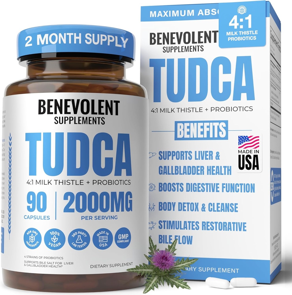 2000 mg TUDCA Bile Salts Supplement Kompleksi | Destekler Liver Detox & Cleanse, Gallbladder, Gut & Kidney Health | 4:1 Milk Butle + Probiyotikler Max Aborps | 90 Non-GMO V Capsules