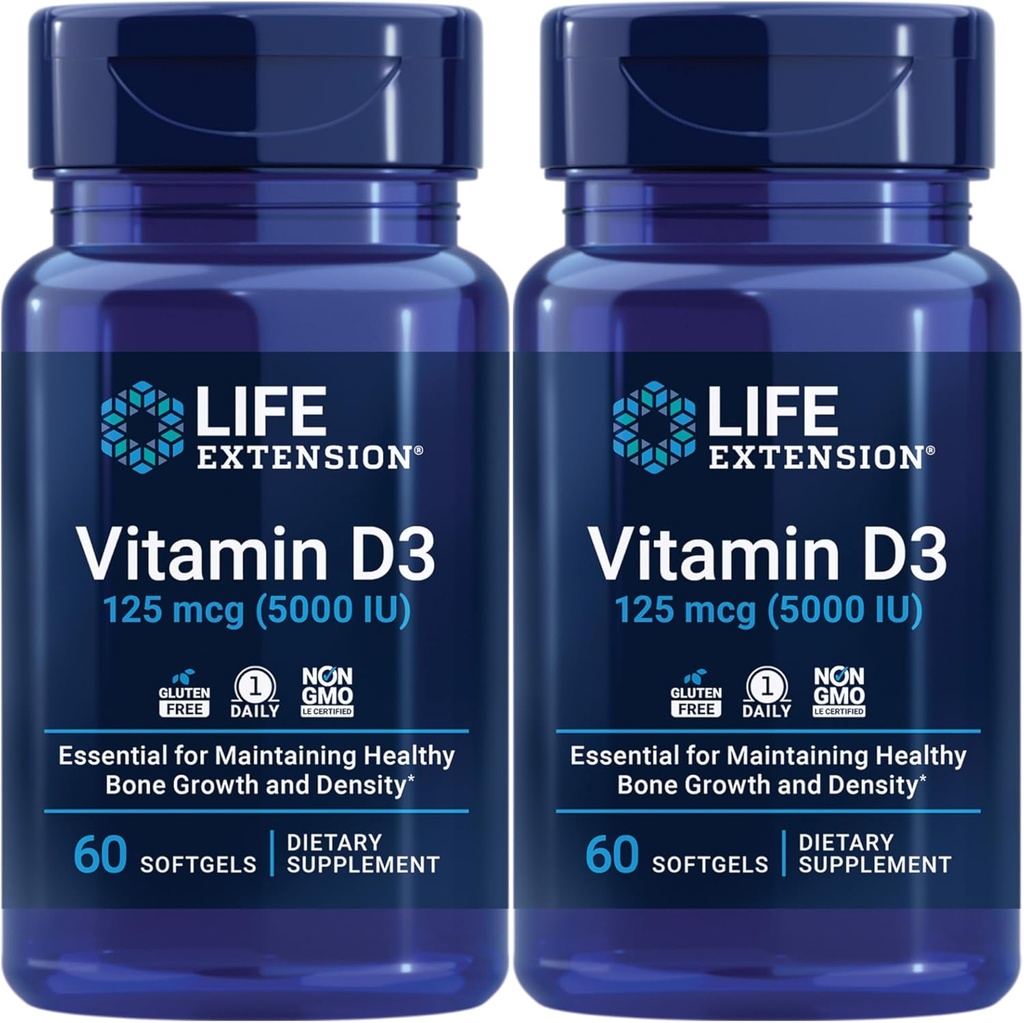 Life Extension Vitamin D3 125 Mcg (5000 Iu) – Bone Health, Brain Health ve Immune Function – Non-GMO – Gluten-Free – Two Pack – 2 x 60 Softgels