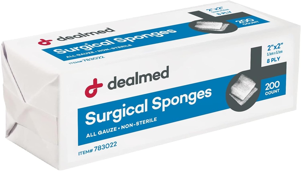 Dealmed 2" x 2" Cerrahi Sponges, 8Ply, Non-Woven Absorbent Gauze Sponges for Yara Care, First Aid Kits and Medical Olanaklar, 200 Count (kahkadar)