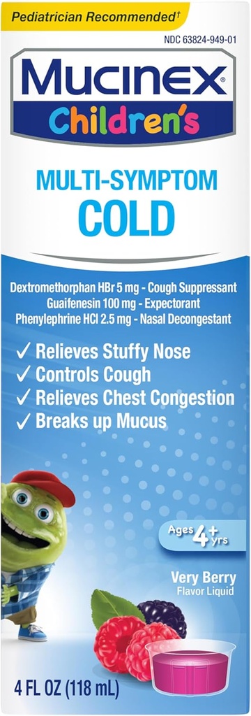 Mucinex Children's Multi-Symptom Cold Relief Liquid- Relieves Thingsy Nose, Chest Congestion, Cough & Mucus, Waitorant & Cough Suppressant ile Dextromethorphan, Guaifenesin, Phenylephrine, 4 oz.