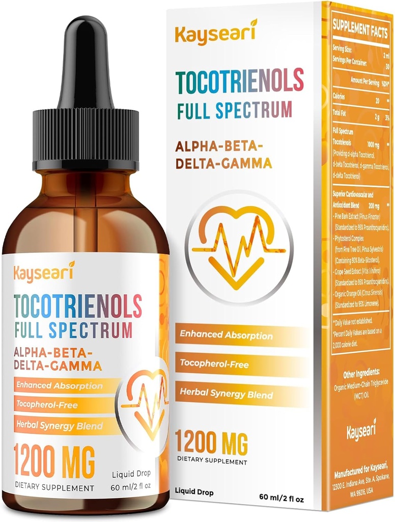 Tocotrienols Supplement 1200 mg- Tocotrienol Vitamin E Liquid,Tocopherol-Free - Superior Antioksit - Yüksek Aborpsiyon - 2 fl oz,30 Hizmetler