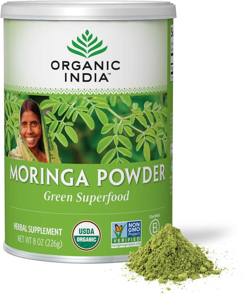 ORGANIC INDIA Moringa Powder - Moringa Oleifera Leaf Βότανο συμπλήρωμα, Πράσινο Superfood, Nutrient Dense, καθαρό φυτικό πρωτεΐνη, βιταμίνη Α, Ε, Κ, σίδηρο, ασβέστιο, ίνες, Vegan, USDA Certified Organic - 8 oz