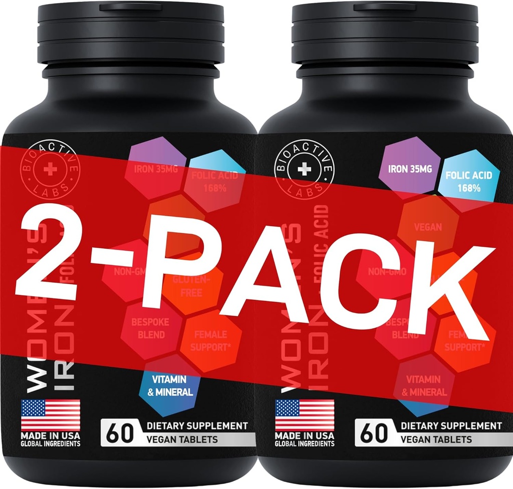 Συμπληρώματα σιδήρου Vegan για γυναίκες με φολικό οξύ - 168% Φολικό οξύ, 194% Σιδήρου Sulfate Blood Builder με αναιμία και έγκυος γυναίκες - 2-πακέτο, 120 Gluten-free Απαλό δισκία σιδήρου