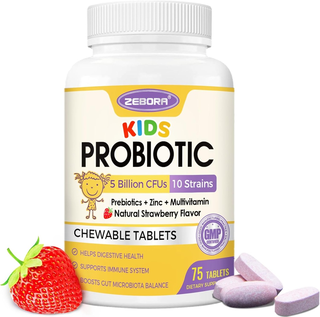 Çocuklar için Probiyotik Chewables for Digestive Health with 5 Milyar CFUs, Prebiyotikler ve Probiyotikler for Kids for Gut Health, Immune Support, Nutrient Absorb, C vitamini, çinko, 75 Servisler