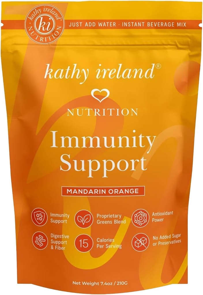 Kathy ireland Ανοσοποιητική υποστήριξη σκόνη, Wellness Booster, Ανοσία Συμπλήρωμα Άμυνας με βιταμίνη C, D, ψευδάργυρος & Elderberry, Instant Drink Mix, Μανταρίνι Orange, 7,4 oz