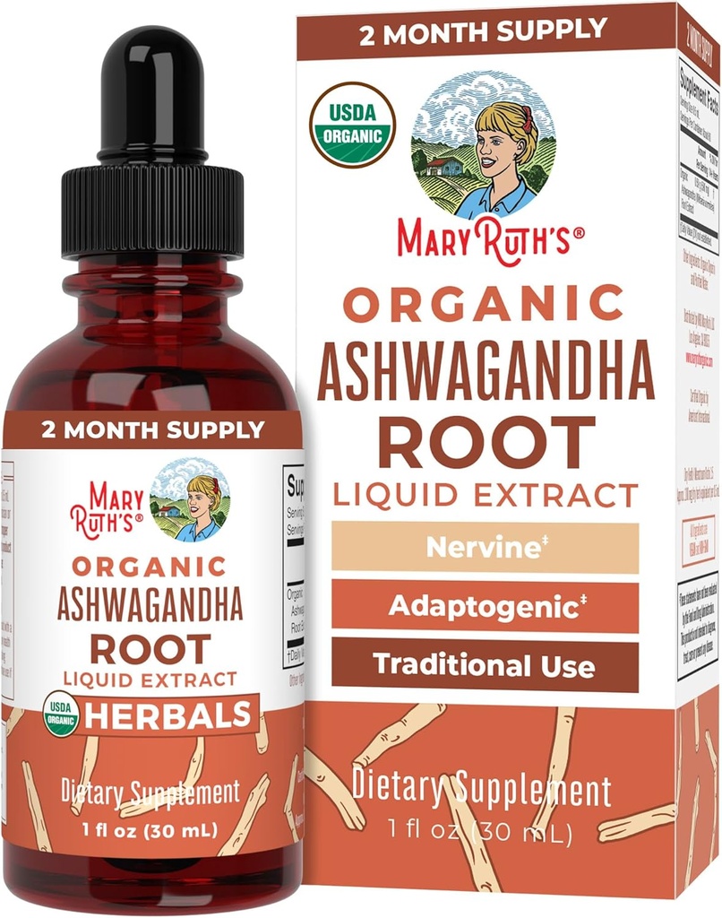 MaryRuth Organics Ashwagandha Root | USDA Organik Ashwagandha Liquid Drops | Stres Yardımı, Doğal Calm, Rahatlama ve Mood Support Supplement | Adaptogen | Nervine | Vegan | Non-GMO | 60 Hizmet