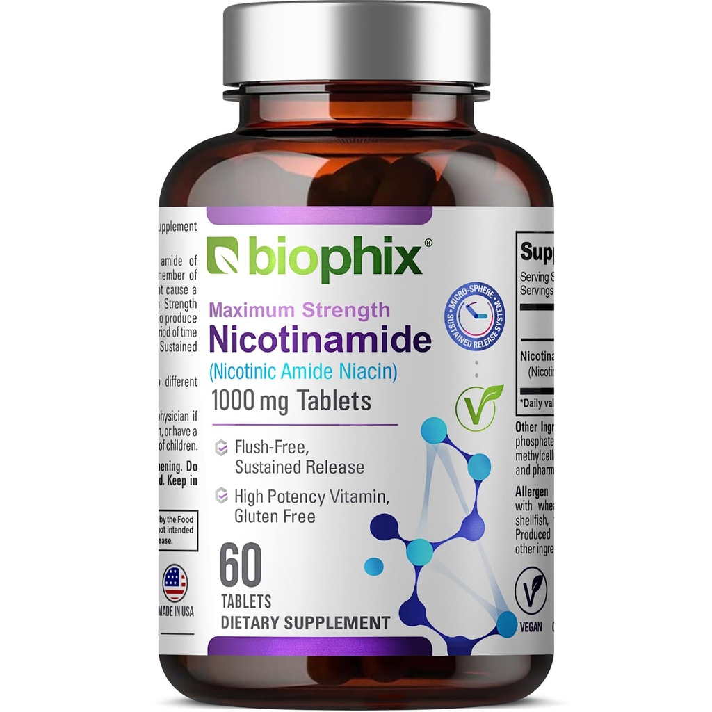 Biyophix B-3 Nicotinamid 1000 mg 60 Tablet Ekstra Güçlü Zamanlı Yayın - Nicotinic Amide Niacin Natural Flush-Free Vitamin Formula - Cilt Hücre Sağlığını Destekler