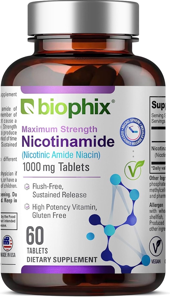 biophix B-3 Nicotinamide 1000 mg 60 Tablets Extra Strength Timed Release - Nicotinic Amide Niacin Natural Flush-Free Vitamin Formula - Supports Skin Cell Health