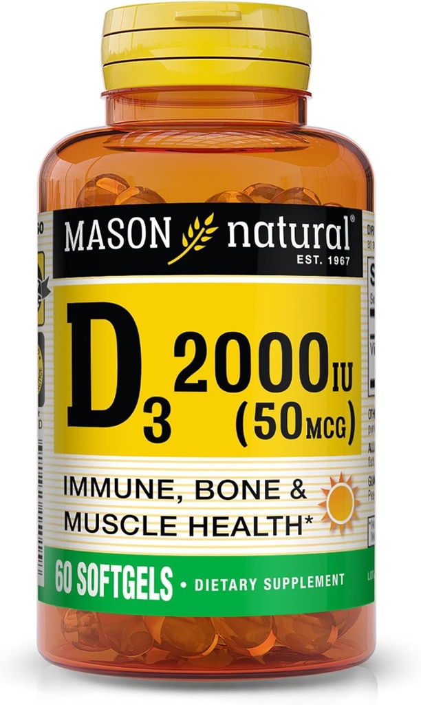 MASON NATURAL Vitamin D3 2,000 IU Ultra Strength, Bone Mechanic, Strength & Immune Health, 60 Softgels