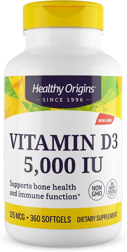 Healthy Origins Vitamin D3 (Lanolin) 5.000 IU Softgel - Συμπλήρωμα για την υγεία των οστών και το ανοσοποιητικό - Εύκολα απορροφήσιμα συμπληρώματα βιταμίνης D - χωρίς γλουτένη βιταμίνη D3 συμπλήρωμα - 360 Softgels