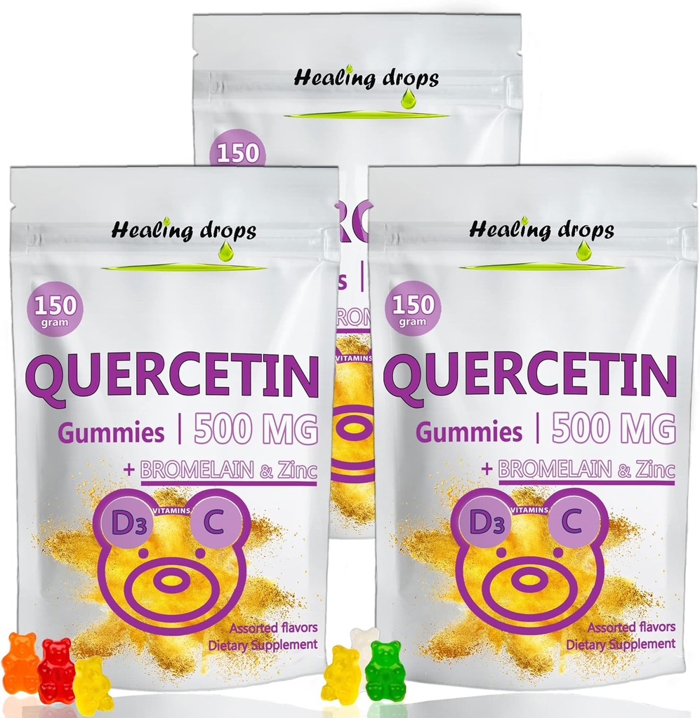 Bromelain Gummies ile Quercetin - C + çinko + Vitamin D3 - Çocuklar ve Yetişkinler için 500 mg Gummies (3 Packs)