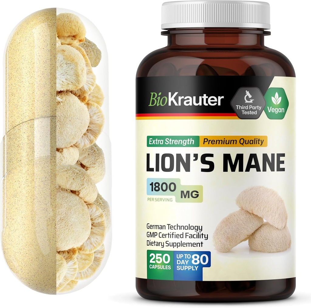 BIO KRAUTER Lions Mane Supplement Capsules 1800 mg - 250 Count - Vegan Lions Mane Powder Supplement for Brain Support - 3 Month Supply - No Fillers