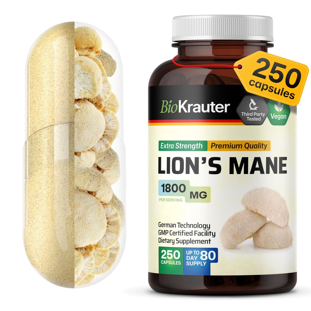 BIO KRAUTER Lions Mane Supplement Capsules 1800 mg - 250 Kont - Vegan Lions Mane Toz Beyin Desteği için Tamam - 3 Ay Supply - No Fillers