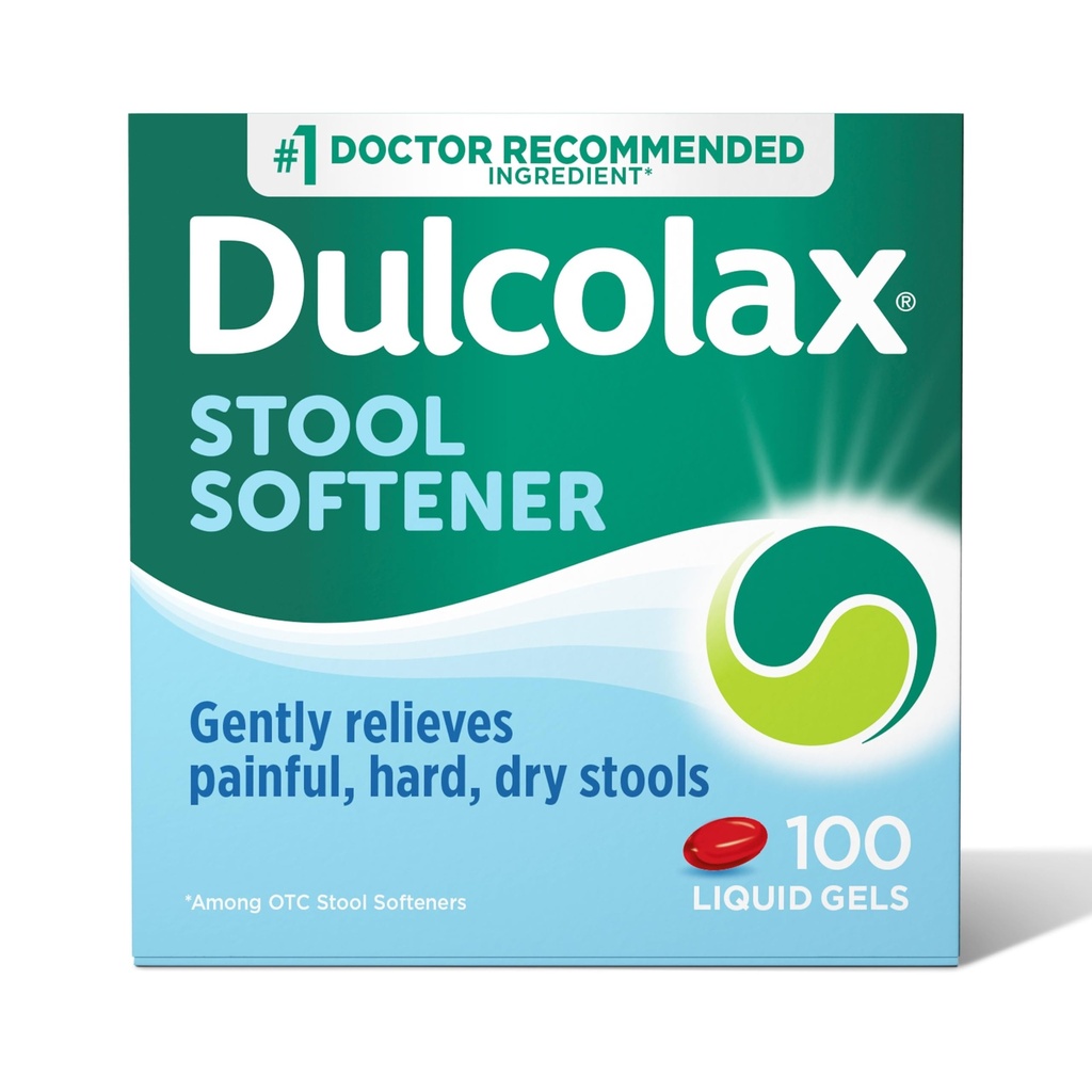 Dulcolax Stool Softener Laxative Liquid Gel Capsules, Hard, Kuru Stools, Docusate sodyum 100 mg, 100 Count