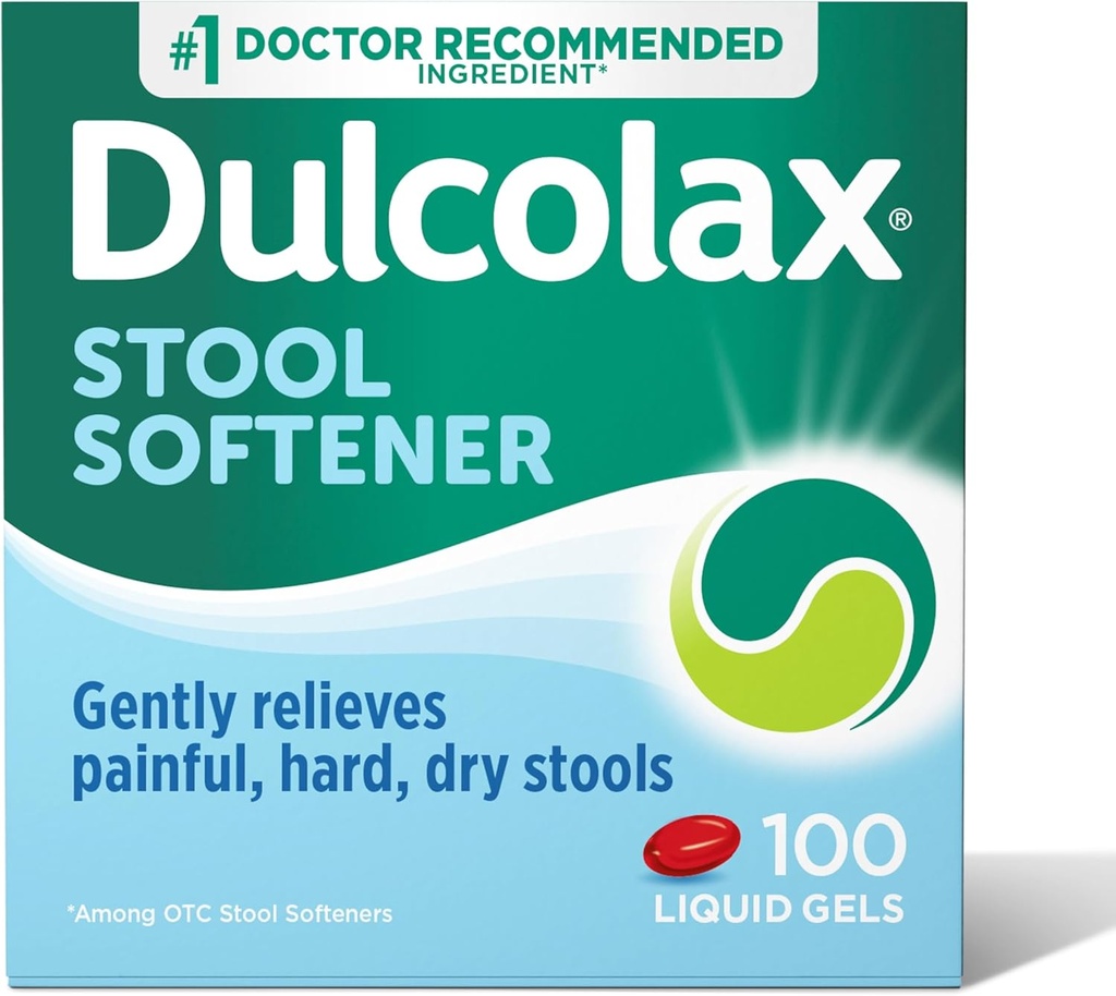 Dulcolax Stool Softener Laxative Liquid Gel Capsules, Hard, Kuru Stools, Docusate sodyum 100 mg, 100 Count