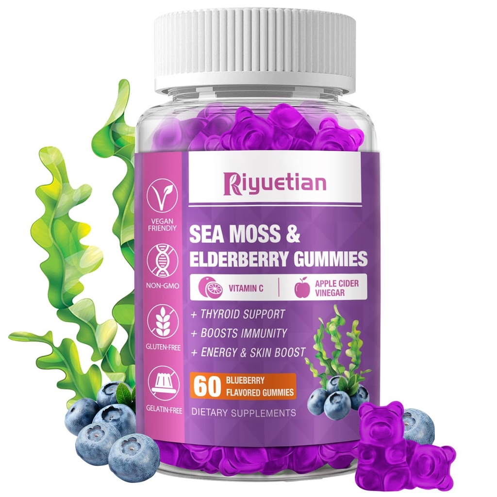Deniz Moss Gummies & Elderberry - C + çinko - Güçlü Immune & Yourroid Support ATM Gummy Bears for Kids & Yetişkinler - 60 Natural Seamoss Gummies