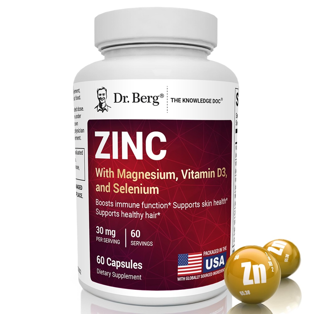 Dr. Berg çinko 30mg, D3, Selenium ve Copper - Erkekler ve Kadınlar için çinko Supplements - Immune, Skin, Hair, & Nails Desteği * - 60 Capsules