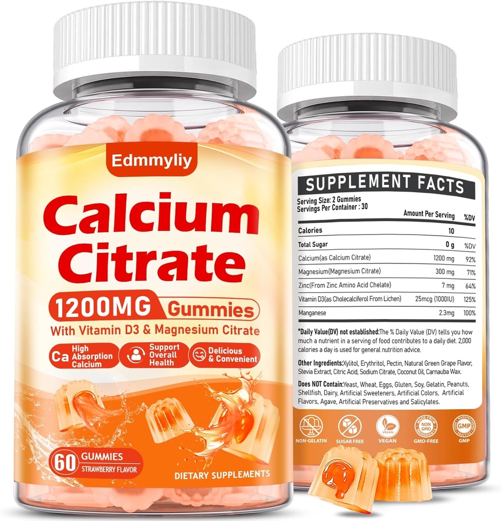 Calcium Citrate Supplement Gummies for Adult - Sugar Free Calcium Citrate 1200 Mg with Magnesium 300 Mg & Vitamin D3 - Organic Chewable Calcium Supplements for Women & Men