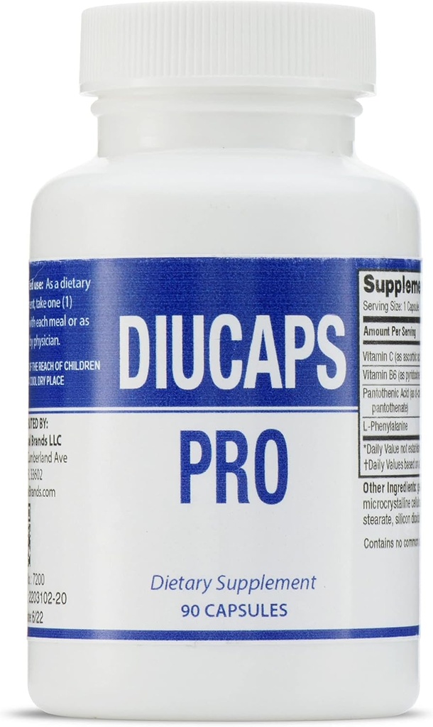 DIUCAPS PRO 90 Capsules - Vitaminler ve Amino Asitler. C, B5, B6, L Phenylalanine. ES Global Brands için Legere İlaçları tarafından üretilmiştir.