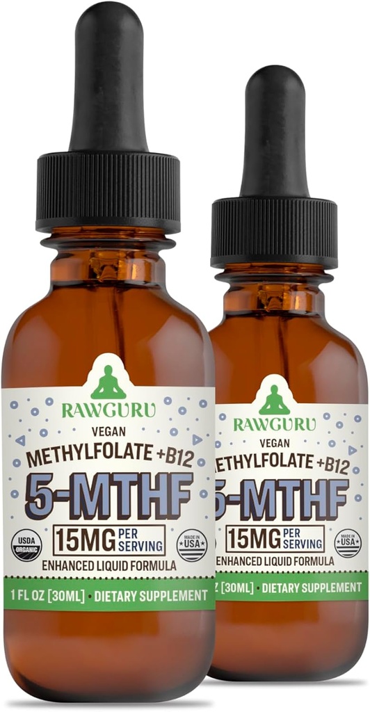 RawGuru L-Methylfolate 15 mg + Vitamin B12 - Organik Vegan Meygun B12, Trace Mineralleri ile - Nano-Processed & Geliştirilmiş Sıvı Formula - 300 30 ml'ye kadar Vegan Drops'a hizmet ediyor