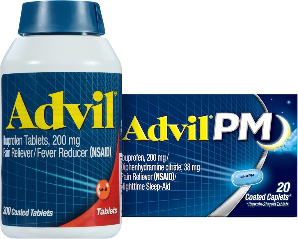 Advil Ağrı Reliever ve Ateşleme, Ibuprofen 200 mg Ağrı Yardımı - 300 Kont, Advil PM Pain Reliever ve Nighttime Sleep Aid, Ibuprofen for Pain Relief and Diphenhydramine Citrate - 20 Count