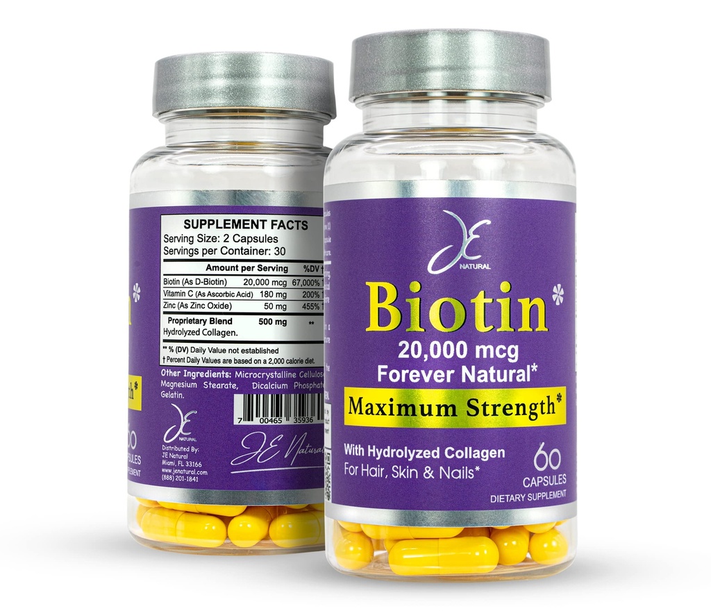 JE Natural Biotin Hair Skin ve Nails Vitaminleri, C vitamini, Biotin ve Collagen Supplements Saç Daha Hızlı ve Daha Uzun, Tüm Çağlar için, 60 Capsules Biotin 20000
