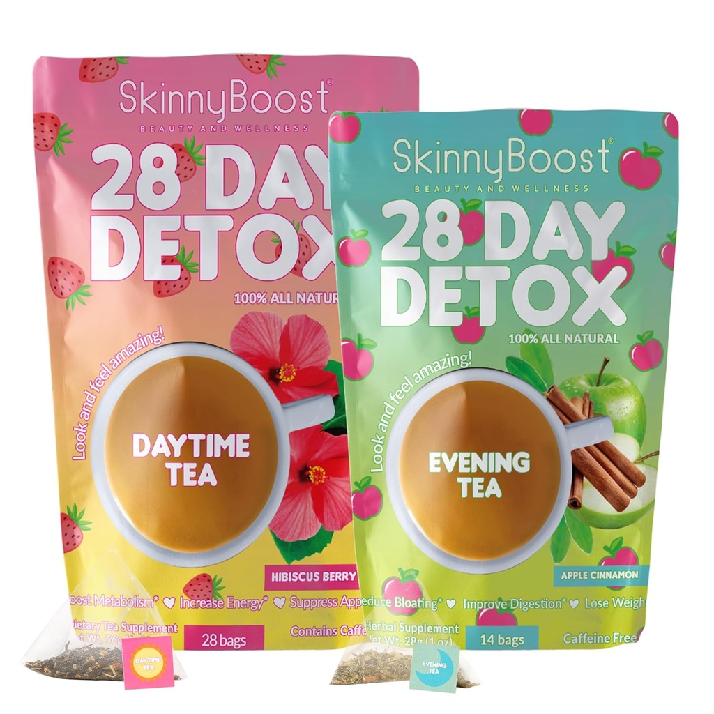 SkinnyBoost 28 ημέρα σετ τσαγιού detox-1 ημέρα hibiscus (28 τσάντες) 1 βράδυ κανέλα μήλου (14 τσάντες) μη GMO, Vegan, όλα τα φυσικά, πράσινο τσάι και βότανα Τσάι για τη φυσική detox και καθαρισμού, Μείωση του αίματος