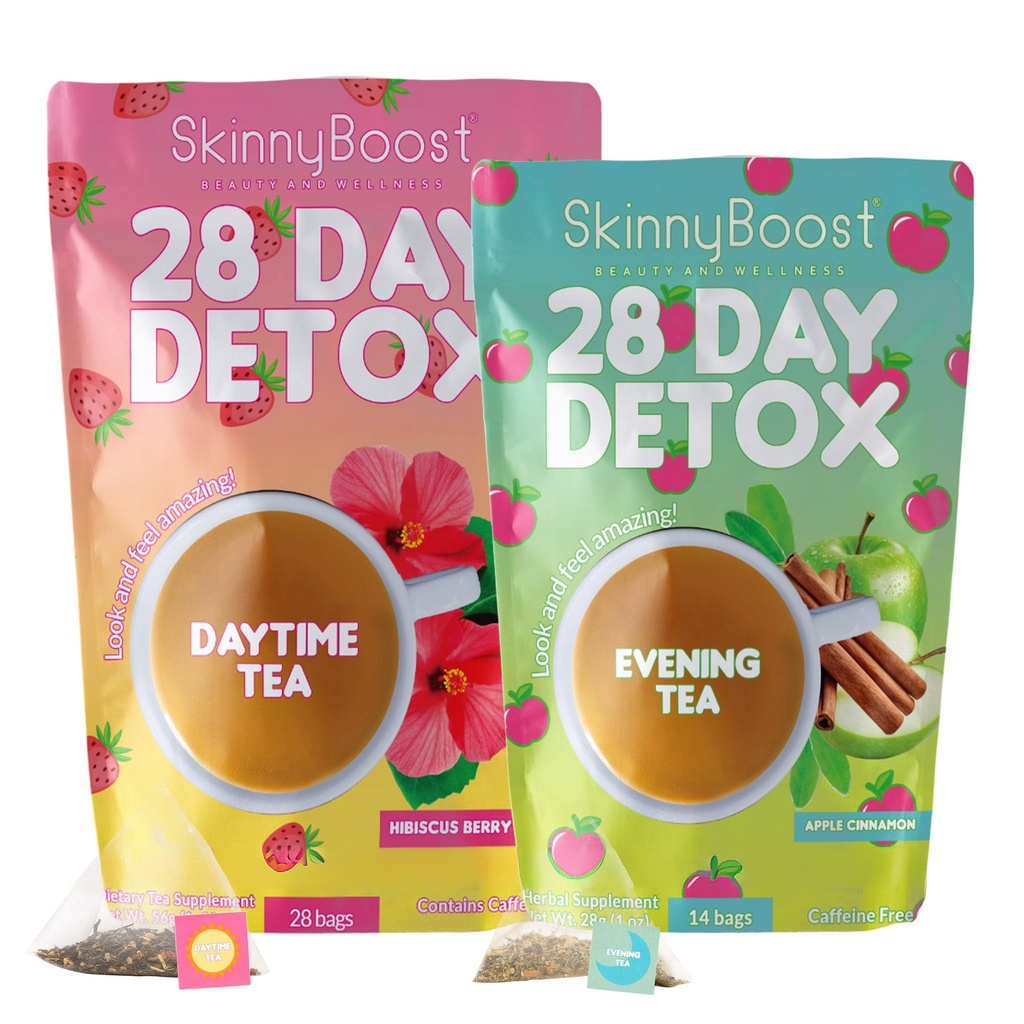 SkinnyBoost 28 Day Detox Tea Kit-1 Daytime Hibiscus (28 Çanta) 1 Evening Apple Cinnamon (14 Çanta) GMO, Vegan, All Natural, Green Tea and Herbal Teas for Natural Detox and Cleanse, Reduce Bloating