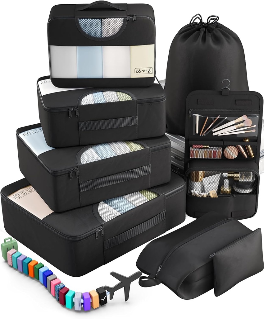 Veken 10 Set/8 Gezi Essentials, Suitcase Organize çanta 4 Boyutta, Büyük Çamaşır & Tuvalet Bag ile Bagaj Aksesuarları, Uçak, Yol Gezisi ve Kampı İçin Yapmalı