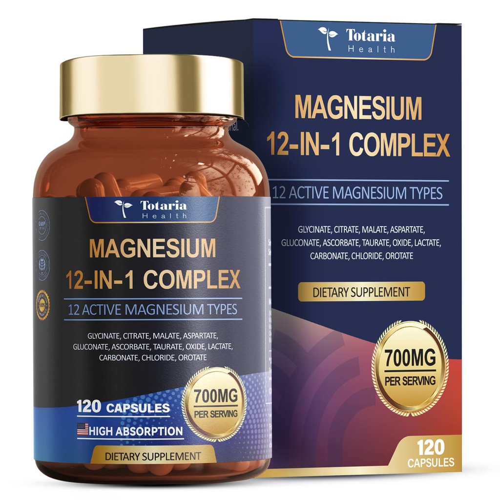 Totaria Magnesium Complex 700mg 12 in 1 Συμπλήρωμα μαγνησίου με Γλυκινικό Κιτρικό Μηλεϊνικό Οξείδιο Ταυρικό Ασπαρτικό Οροτικό Μαγνήσιο Χαλάρωση, Μούσκος, Υποστήριξη καρδιάς, Vegan 120 Κάψουλες