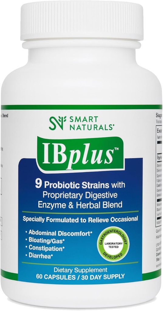 IBplus® Probiotic, Digestive Enzyme & Herbal Blend, Βελτιωμένη Φόρμουλα-60 Κάψουλες!! για Ευερέθιστο Bowel - Κοιλιακό Πόνος, Δυσκοιλιότητα, Διάρροια, Αέριο/Αίμα – Πρωτεύουσα Φόρμουλα από Smart NaturalsTM