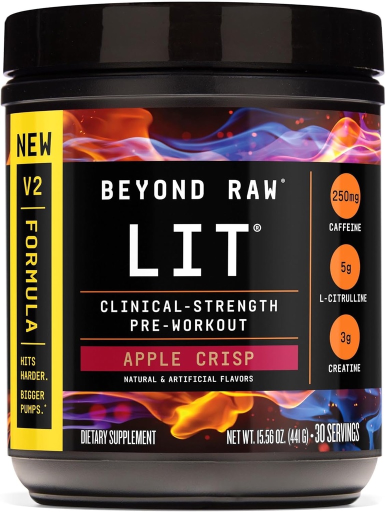 BEYOND RAW LIT V2 Clinical Strength Pre Workout Powder, Hits Σκληρότερες, Μεγαλύτερες Αντλίες, Καφεΐνη, L-Citrulline, Creatine, Apple Crisp, 30 εξυπηρετούν