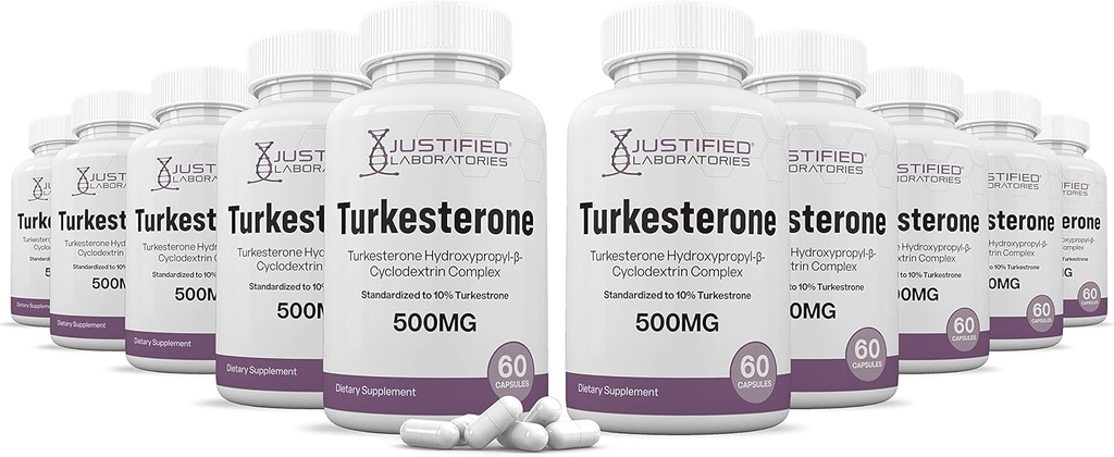 Justified Laboratories (10 Pack Turkesterone 500 mg 10% Standartlaştırılmış Doğal olarak Stamina Endurance Strength 600 Capsules