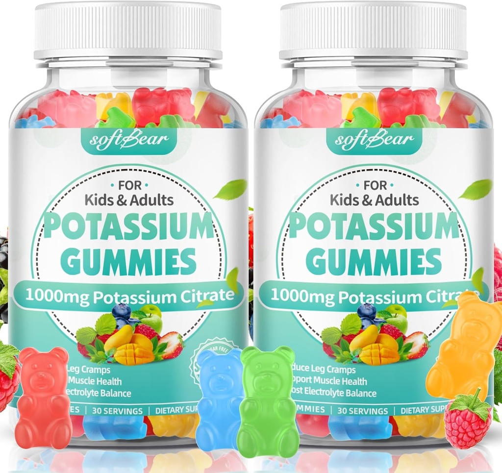 softbear Κάλιο Citrate Gummies, Υψηλής ισχύος κάλιο Citrate 1000mg Υποστήριξη Πόδι Cramps & μυϊκή υγεία Κάλιο Gummies για ενήλικες & παιδιά μικτή γεύση φρούτων 120 Count