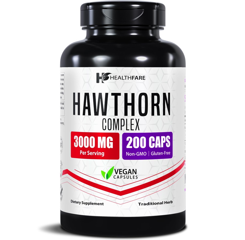 Healthfare Hawthorn Berry Supplement Extract 3000 mg | Ekstra Kuvvet Herbal Formula | 200 Vegan Capsules | Destekler Kalp ve Circulatory Health | Non-GMO, Gluten-Free | Made in USA