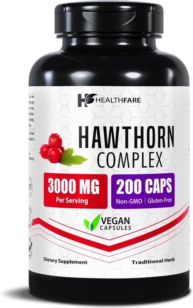 Healthfare Hawthorn Berry Supplement Extract 3000 mg | Ekstra Kuvvet Herbal Formula | 200 Vegan Capsules | Destekler Kalp ve Circulatory Health | Non-GMO, Gluten-Free | Made in USA