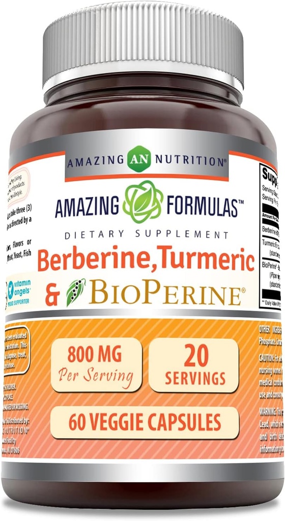 Amazing Formulas Berberine Turmeric & Bioperine 800 mg 60 Veggie Capsules Supplement | Non GMO | Gluten Free | Made in USA | Ideal for Vegetarians