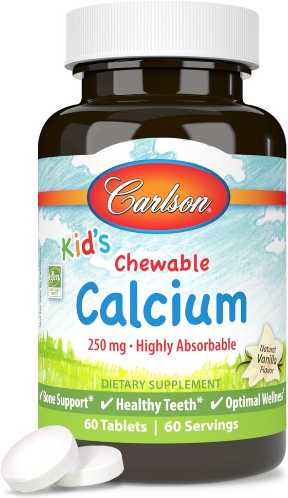 Carlson - Kid's Chewable Food, 250 mg, Highly Absorbable, Bone & Teeth Support, Optimal Wellness, Natural Vanilla Flavor, 60 Tabletler