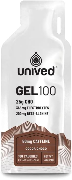 Unived Gel 100 - Vegan Energy Gel Endurance Athletes Runners & Cyclists - 100kcal - Cocoa Choco - 50 mg Caffeine - 6 Paket