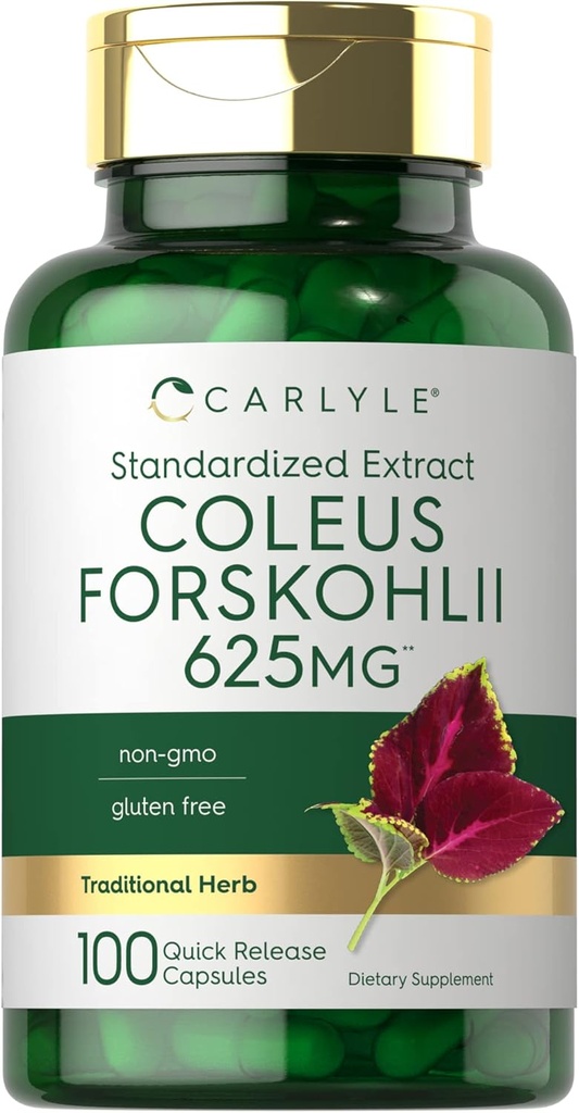 Carlyle Coleus Forskohlii Capsules | 625 mg | 100 Count | Non-GMO & Gluten Free Standardized Extract | Forskolin Supplement